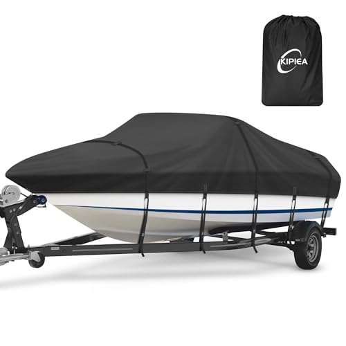 Kipiea Trailerable Boat Cover- 14-16 ft feet Heavy Duty Waterproof Boat Covers, Double PU Waterproof, Fits V-Hull, Fish & Ski, Pro-Style, Fishing, Bass Boats, 14'-16' Long X 90" Wide