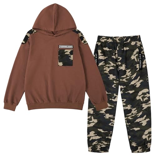 LOLANTA 2PCS Enfants Survêtement Ensemble Sweatshirt à Capuche et Pantalon de Cargo Camouflage pour Garçons, Marron, 8-9 ans, 140