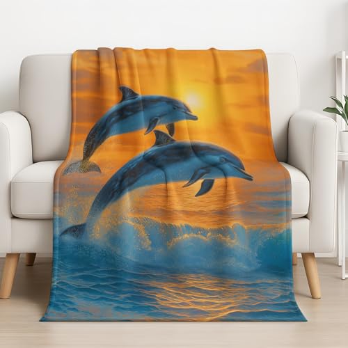 Mjuk mikrofiber realistisk fleecefilt drömlik varm delfin SNARCHECKE soffa filt för soffa/säng/soffa filt 150 cm x 150 cm, blå guld