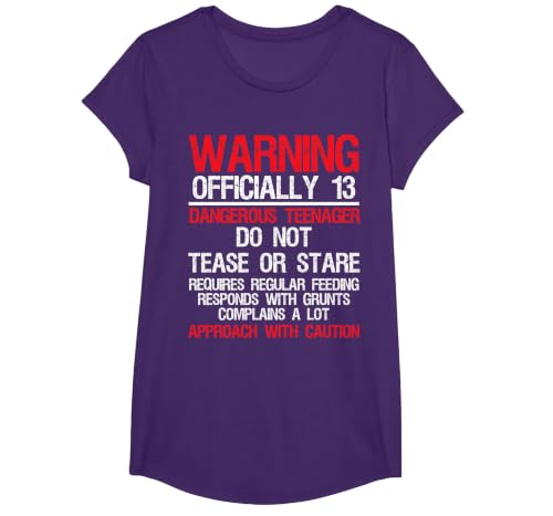 13 Years Old Warning Dangerous Teenager 13th Birthday T-Shirt, Girls, Purple, Large