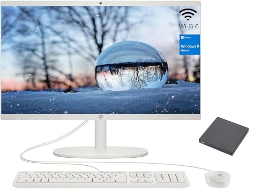 Image of HP 21.45 inch FHD All-in-One PC, Intel N200 Processor, 32GB DDR5 RAM, 1TB PCIe SSD, Bluetooth, WiFi 6, Super 6-in-1 DVD & Wired Keyboard & Mouse, Windows 11 Home, White