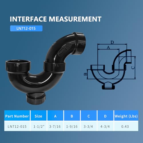 Image of Lesso 1-1 /2 Inch ABS P-Trap - HUB x HUB Connection with Union & Cleanout Plug, Black, Leak-Proof Sink Drain Trap for Kitchen /Bathroom Plumbing