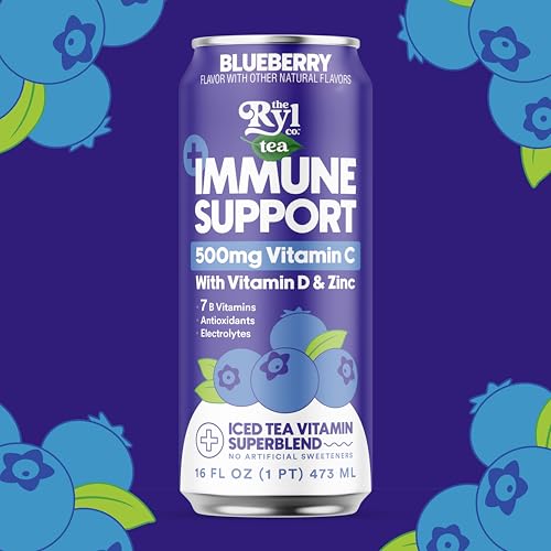 Ryl Immune Support Tea, Blueberry, 500mg Vitamin with Vitamin D & Zinc, 16.0 Fl Oz (12-Pack)