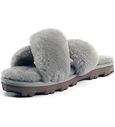 Genuine Australian Sheepskin Cross Band Slippers, Shearling Fur Fluffy Fuzzy Womens Indoor Outdoo...