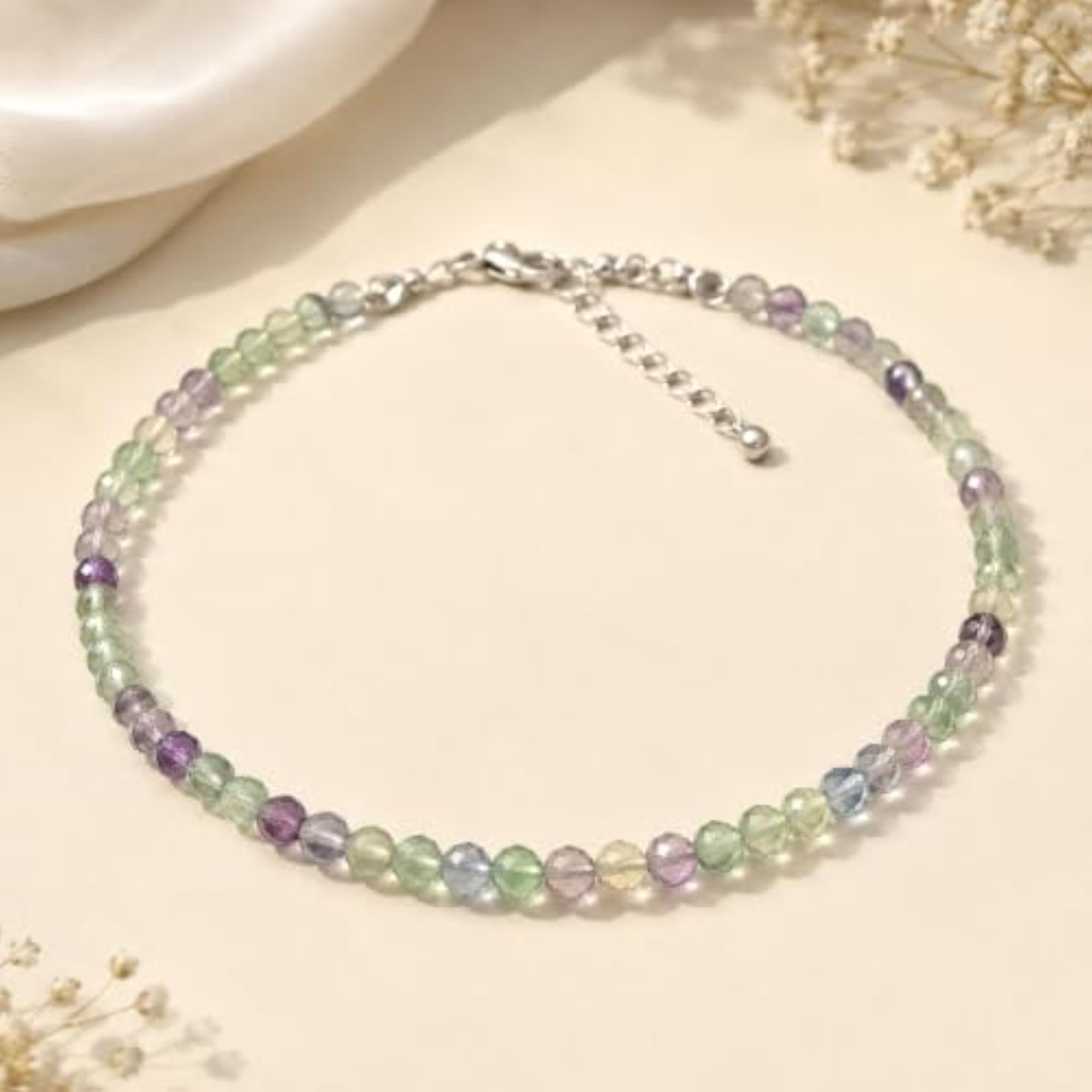 Women's Natural Fluorite Beaded Anklet, Adjustable Chain