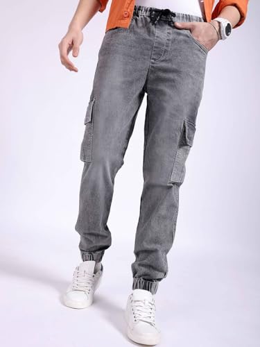 Image of The Indian Garage Co Men Regular Fit Solid Mid-Rise Stretchable Denim Cargo Joggers