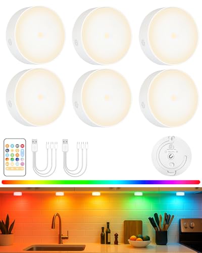 Motion Sensor Light Rechargeable Puck Lights with Remote, LED Under Cabinet Lighting, 19 Color Tap Lights with Timer & Group Control, 1200mAh Battery Operated, for Kitchen, Closet, Stairs, 6 Pack