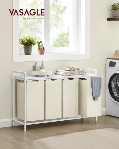 Image of VASAGLE Laundry Hamper, Laundry Basket, Laundry Sorter with 4 Pull-Out and Removable Bags, Shelf, Metal Frame, 4 x 10.6 Gallons (40 L), 45.7 x 13 x 28.4 Inches, Cream White and Cloud White UBLH401W01