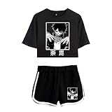 RONGJUN Women Girls Boku No Hero Academia Crop Top and Shorts Dabi Cosplay Shirt Pants 2 Piece Halloween Outfits (Large, Black 2)