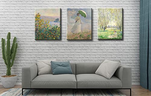 Claude Monet Canvas Prints, Woman With Parasol, Facing Right Wall Art , Flower Beds At Vetheuil Impressionism Oil Paintings For Home Decor - 12"X16"X3 Piece #TOP5