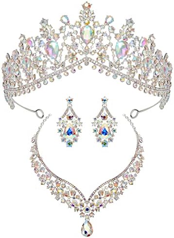 SWEETV Wedding Crown for Bride, 3-pack Tiara Earrings Necklace, Bridal Jewelry Set, Iridescent Crystal Costume Party Birthday Prom Pageant Jewelry for Women,Multicolored