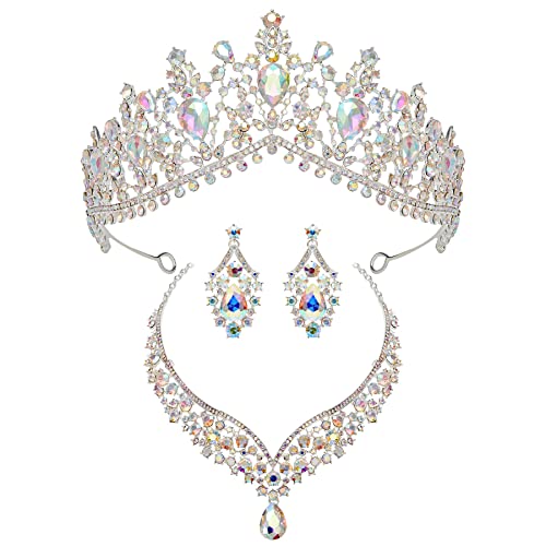 Sweetv Wedding Crown For Bride, 3-Pack Tiara Earrings Necklace, Bridal Jewelry Set, Iridescent Crystal Costume Party Birthday Prom Pageant Jewelry For Women,Multicolored #TOP1