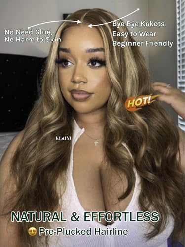 Image of KLAIYI Wear And Go Glueless Wig Bye Bye Knots 13x4 Precut Lace Front Wigs Human Hair Ombre Highlight Blonde Body Wave Wig Pre Bleached Pre Everything Pre Plucked with Baby Hair 3S Ready to Wear 18Inch