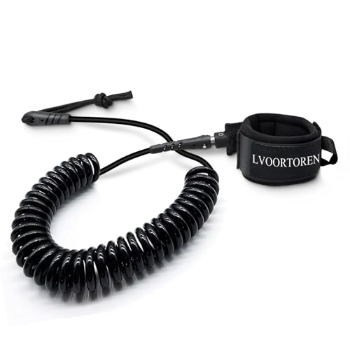 LVOORTOREN Premium Surfboard Leash,10 ft Coiled Paddle Board Leash, 7 mm Thick Legrope Strap for Longboard Surfboards, Stand-up Paddleboards, iSUP Replacement Leg Rope, Black
