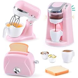 Kitchen Appliances Toys Playset Accessories for Toddlers Ages 3+, Pink | Toy Coffee Maker for Kids, Pretend Play Kitchen Set with Mixer & Toaster, Realistic Lights & Sounds, Ages 3+