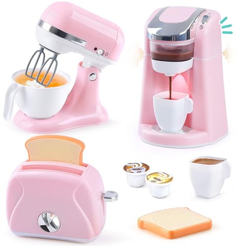 Play Kitchen Appliances Toys - Kids Kitchen Playset Accessories, Pretend Play Toy Sets with Coffee Maker, Mixer, Toaster with Realistic Lights & Sounds, Gifts for Toddler Girls Ages 2 3 4 5 6 7