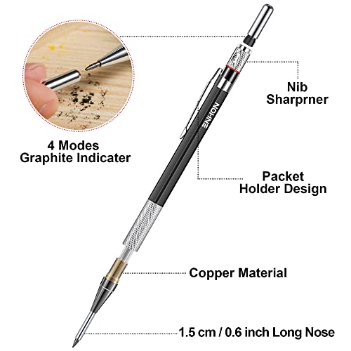 Enhon [NEW] 2mm Tieflochmarker Bleistift Baustelle mit 13 Bleistiftminen, Zimmermannsbleistift mit Anspitzer, Langnasiger Tiefes Loch Tischler Bleistift Markieren auf Holz, Metall - Schwarz