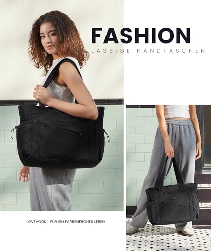 LOVEVOOK Shopper Tasche Damen Groß, Arbeitstasche Leicht Handtasche Puffer Tote Work Bag 15,6 Zoll Laptoptasche Schultasche, Bürotasche Lehrertasche Handbags Women für Uni Business Reisen, Schwarz