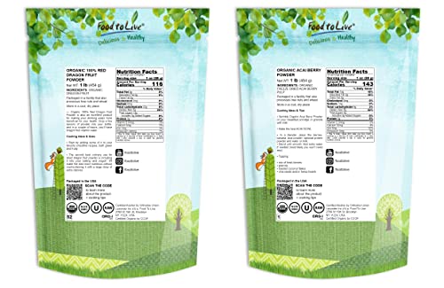 Food To Live Organic Fruits Powder Bundle - Organic Red Dragon Fruit Powder, 1 Pound And Organic Acai Berry Powder, 1 Pound - Non-Gmo, Kosher, Raw, Vegan, Great For Drinks #TOP1