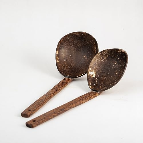 Image of Thenga Handmade Wooden Coconut Shell Serving Spoon Set - 33 cm | Eco-Friendly Kitchen Tools for Cooking & Serving | Safe for Non-Stick Pans & Clay Pots - Rustic Natural Utensils (Set of 2)