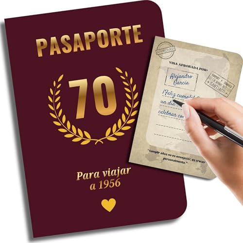 Imagen de EQUIK PRODUCTS Tarjeta para 70 años Pasaporte libro de firmas para hombre y mujer Libro de invitados con juegos Año 1956 Viaje al año de nacimiento