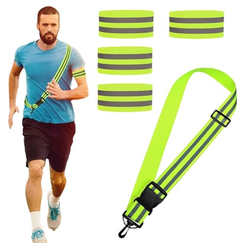 Running Safety Gear, Adjustable Reflective Belt Running Vest with 4 Reflective Wrist Strap, High Visibility Safety Reflective Sash with Buckle for Nig