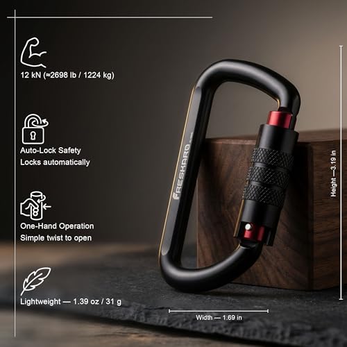 Image of FresKaro 3inch 12kN-2698lbs Auto Locking Carabiner Clips, Solid D Shape, Heavy Duty 7075 Aluminum, Lightweight 1.09oz, Rust Proof, for Hammock, Hiking, Dog Leash, Keychain etc., Multi-Colors