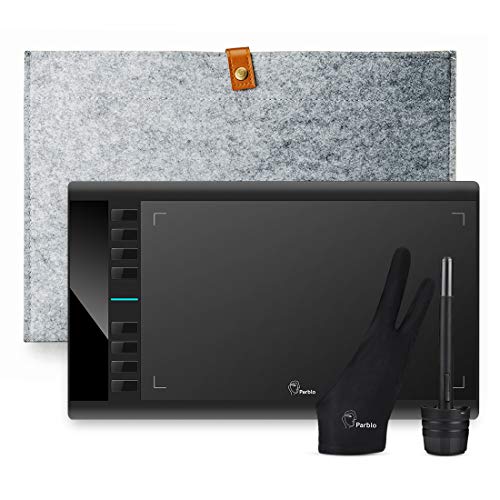 Parblo A610 V2 grafisch tablet, 10 x 6 inch met 8192 niveaus, batterijvrij pendienblad, 8 hotkeys met vilttas en handschoen voor Mac en Windows