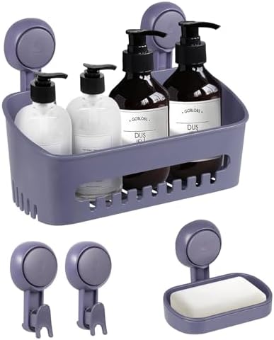 Ripiano Doccia A Ventosa Senza Fori In Alluminio, Portaoggetti Bagno Con 5 Ganci, Rimovibile, Per Shampoo E Balsamo, Finitura Opaca