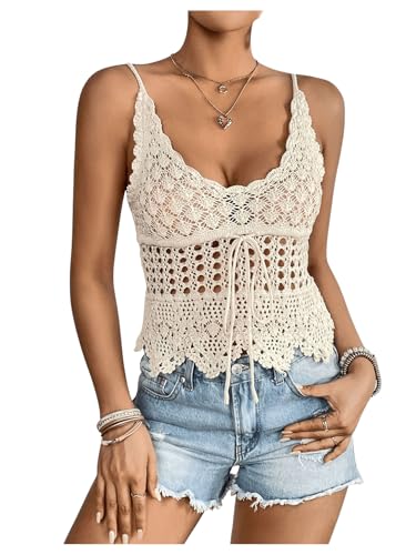 OYOANGLE Women's Scoop Neck Hollow Out Cami Tops Sleeveless Asymmetrical Tie Front Crochet Top