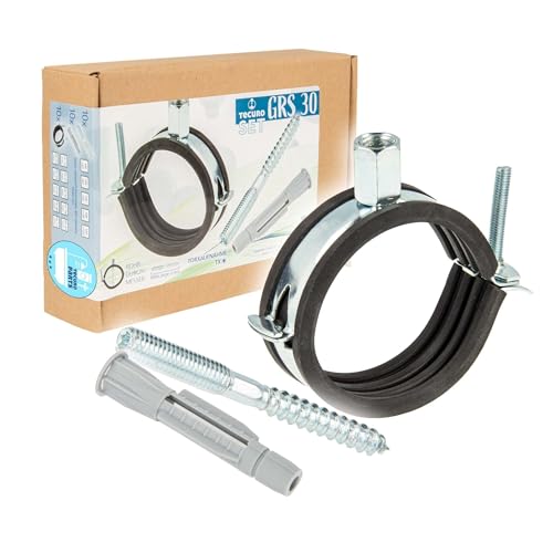 tecuro Einhand Schraubrohrschelle M8/M10 Spannbereich 57-61 mm Stahl verzinkt, inkl. Stockschraube M8 x 80 mm und Universal Hohlraumdübel, mit Schallschutzeinlage - 10-er Kombi-Set GRS5761-S80