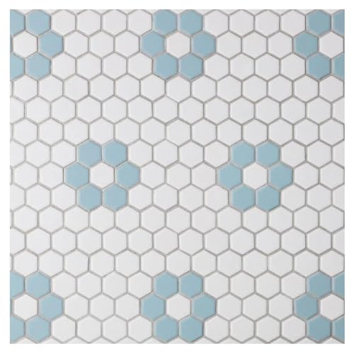 Tenedos White Sky Blue Flower Hexagon Porcelain Mosaic Floor and