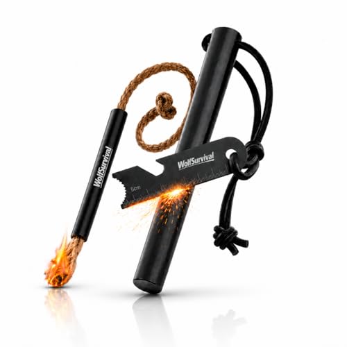 Wolf Survival – Piedra de fuego supervivencia XXL 20.000 usos, encendedor de fuego supervivencia barra de magnesio ferrocerio con yesca + paracuerda, kit de fuego completo para acampar Bushcraft
