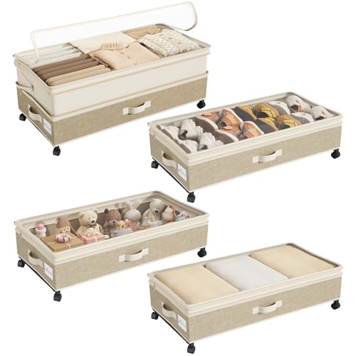 Image of Kitstorack 4 Pack Height-adjustable Under Bed Storage with Wheels, Under Bed Storage Containers,Under Bed Shoe Storage Organizer with Clear Window&Label, Suitable for Clothes Storage, Beige & Linen