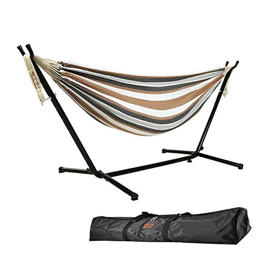 Goutime 9Ft dubbel hängmatta med avtagbart stativ inkluderar bärbar bärväska laddbar 150 kg (brun) och vit)