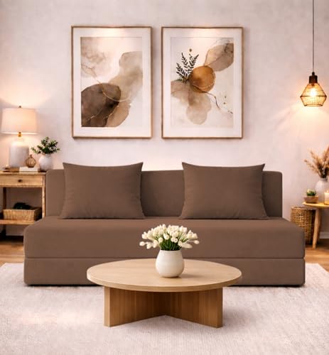 Image of Adorn India Easy 3 Seater Sofa Cum Bed | Velvet Fabric | Camel | Plain Design | 6x5 Ft | Comfortable Seating | Washable Cover | Perfect for Home & Office