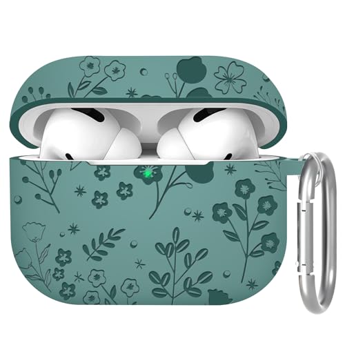 Compatible with Airpods Pro Case 2nd 1st Generation Case Cover, Soft Silicone Flower Engraved Skin Cover Full Protective Case for Apple AirPod Pro 1/2 Case with Keychain, Front LED Visible(Pine Grren)