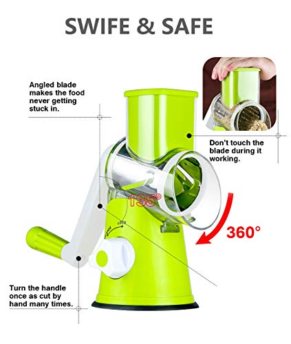 Ancevsk Rotary Cheese Grater Shredder, Speed Kitchen Manual Round Mandolin Slicer Safe Grinder With 3 Interchangeable Blades For Nuts, Carrot, Hashbrown, Garlic, Walnut, Potato, Chocolate (Green) #TOP3