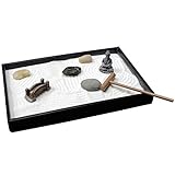 Desktop Mini Meditation Zen Garden Tray for Stress Relief, 8 X 5 inches with Buddha Figure Natural River Rocks Rake and Sand