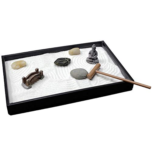 Desktop Mini Meditation Zen Garden Tray for Stress Relief, 8 X 5 inches with Buddha Figure Natural River Rocks Rake and Sand