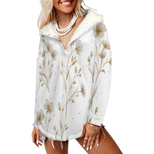 Veste polaire femme à fleurs manteau chaud à capuche style rétro sherpa blanc avec poches