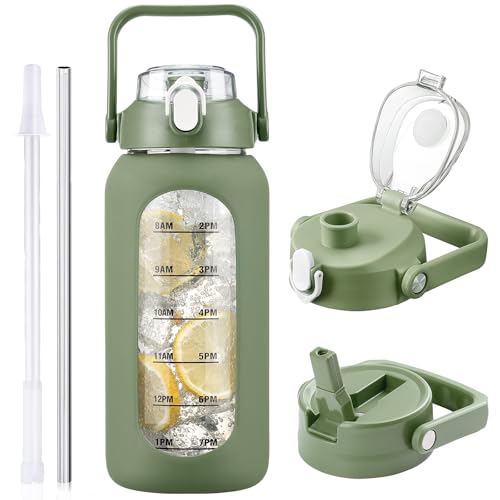 HYDRAGLAZIC Botella de agua de cristal de 2L con pajita y 2 tapas, botella de agua de cristal con manga de silicona estampada...