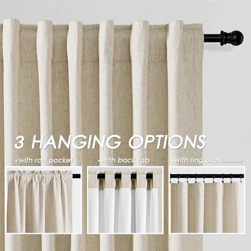 Image of White 100% Blackout Linen Curtains for Bedroom 126 Inches Long Back Tab Thermal Insulated Country Farmhouse Decor Black Out Curtain for Living Room Floor to Ceiling High Window 52x126,2 Panels