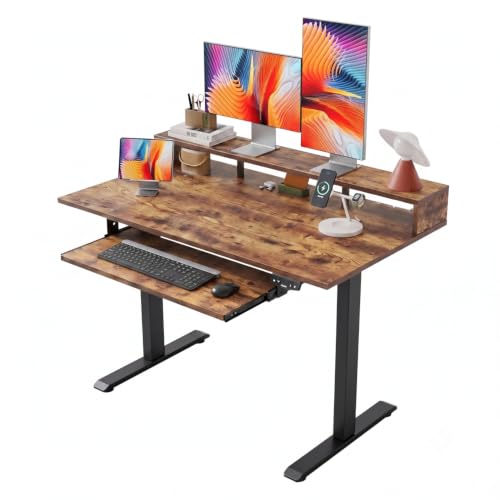 Image of TEKAVO Thron Electric Height Adjustable Table with Moniter Riser & Keyboardtray I Standing Desk I Workstation for Home Office I Work Table for Laptop pc (120Lx60Wx70to120H CM) Forest & Black I DIY