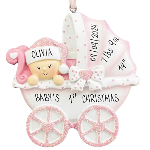 UniqXmas Personalized Baby's First Christmas Ornament 2025 | Baby Girl Carriage Xmas Tree Decoration Pink Stroller | My 1st Xmas Keepsake for New Baby Newborn Grandbaby - Custom Name & Year