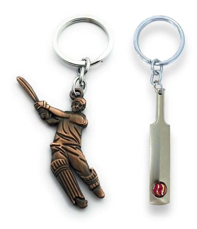 Pack of 2 Sports 3D Cricket Bat Metal Keychain And Cricket Batsman Hitting Six Positon Combo Keychain Key Chain For Men Women Car Bike Boys Girls Gifting (Any Color)-image-29