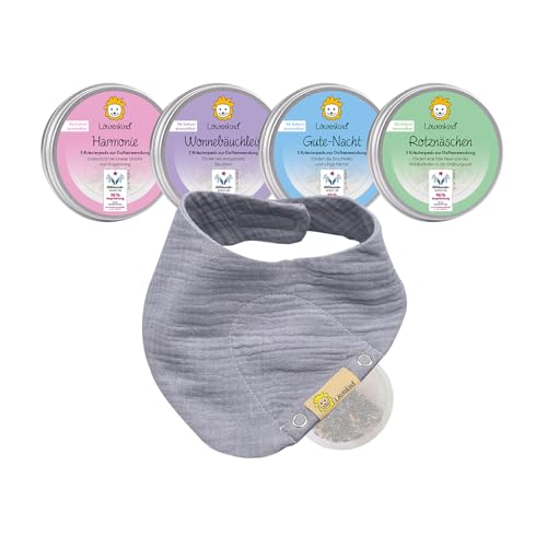 LÖWENKIND Baby Startklar-Set für typische Kinderwehwehchen | Erkältungszeit Unruhe Schlafprobleme Bauchbeschwerden | 4x5 natürliche Kräuterpads | Musselin-Halstuch aus 100% Bio-Baumwolle (Grau)