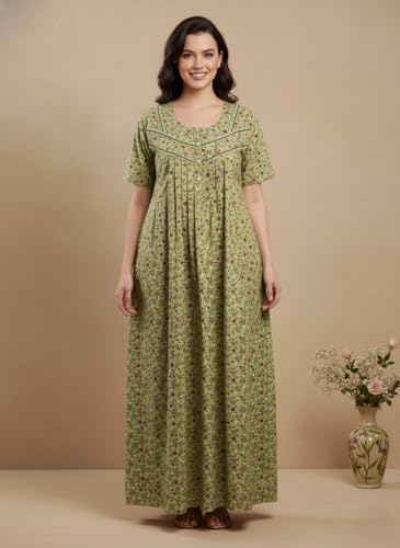 Image of Bahumaan Cotton Nighty for Women Full Length Stylish | Floral Print Cotton Maxi Dress for Women with Pocket | Sleepwear Gown for Women