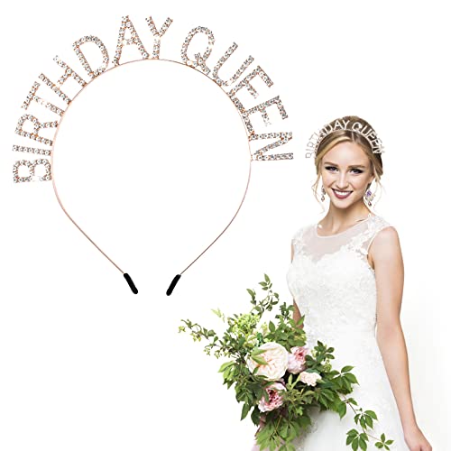Wllhyf Birthday Queen Headband, Princess Crown Rose-Gold Rhinestone Hair Band Birthday Sash Tiaras Crystal Hair Accessories Valentine's Day Gifts For Women Girl Birthday Party Decorations #TOP7
