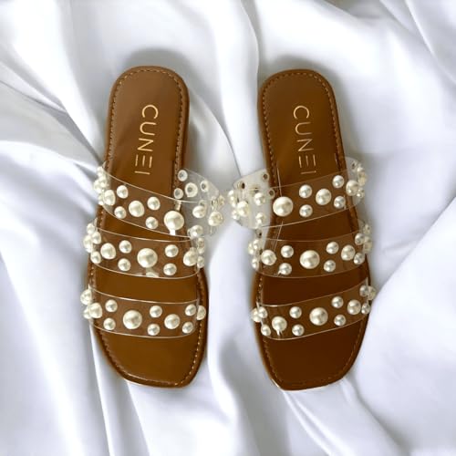 Image of Tan Festive Pearl Flats | Stylish | Slip-on | Casual | Comfortable Sandals for Women